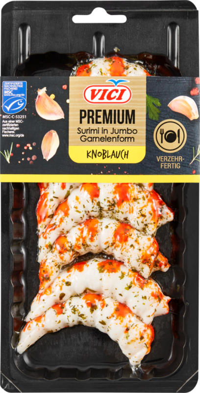 Surimi en forme de crevette géante Premium Vici, avec marinade à l’ail, 175 g