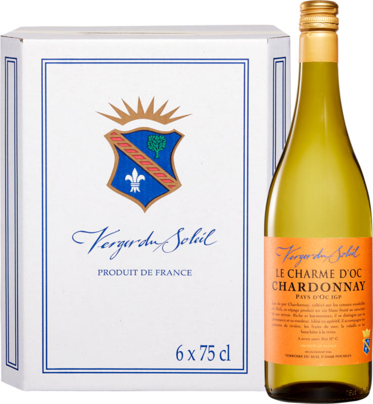 Le Charme d'Oc Verger du Soleil Chardonnay Pays d'Oc IGP, Frankreich, Languedoc-Roussillon, 2022, 6 x 75 cl
