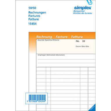 SIMPLEX Rechnungen D/F/I A5 15454 orange/weiss 50x2 Blatt