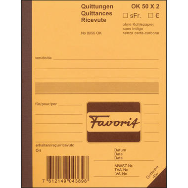 FAVORIT Quittungen D A6 9096 W weiss/weiss 50x2 Blatt