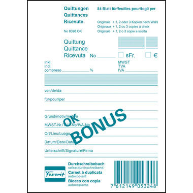 FAVORIT Livre de quittance OK BONUS A6 8396 OK papier autocopiant 84 flls.