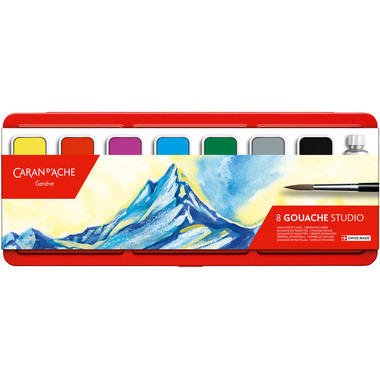 CARAN D'ACHE Deckfarbe Gouache 1000.308 7 Farben Deckweiss, Pinsel