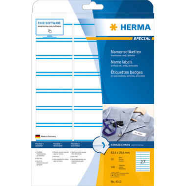 HERMA Etiquettes badges 63,5x29,6mm 4513 blanc 540 pcs./20 flls.