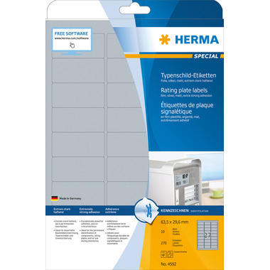 HERMA Etiquettes plaque 63,5x29,6mm 4592 argent,PP mat 270pcs./10 flls.