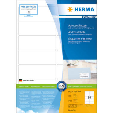 HERMA Etiketten PREMIUM 99.1x38.1mm 4678 weiss,perm. 1400 St./100 Bl.