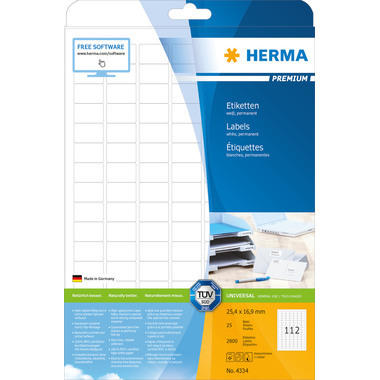 HERMA Étiquettes PREMIUM 25.4x16.9mm 4334 blanc,perm. 2800 pcs./25 flls.
