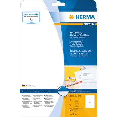 HERMA Etiketten SPECIAL 210x297mm 4230 weiss,perm. 25 St./25 Bl.