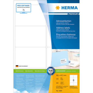 HERMA Étiquettes PREMIUM 99.1x67.7mm 4269 blanc,perm. 800pcs./100flls.