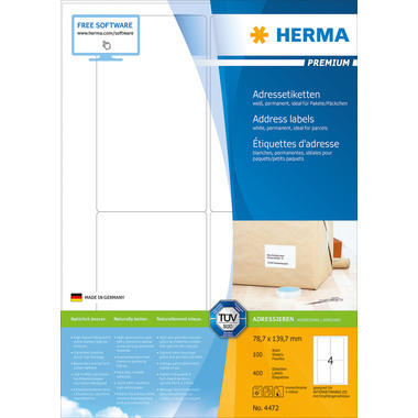 HERMA Etiketten PREMIUM 78.7x139.7mm 4472 weiss,perm. 400 St./100 Bl.