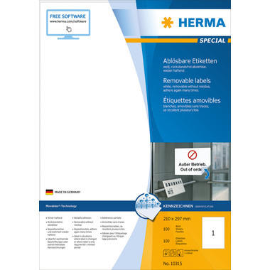 HERMA Étiquettes SPECIAL 210x297mm 10315 blanc,non-perm. 100pcs./100 f.