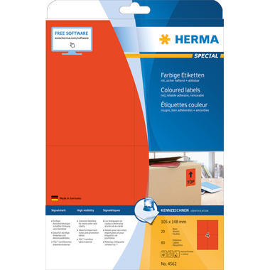 HERMA Etiketten SPECIAL 105x148mm 4562 rot,non-perm. 80 St./20 Bl.