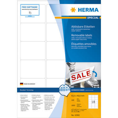 HERMA Étiquettes SPECIAL 63.5x46.6mm 10302 blanc,non-perm. 1800pcs./100f.
