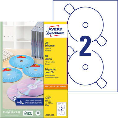 AVERY ZWECKFORM CD/DVD etichette univ. 117mm L7676-100 bianco 200pz./100fl.