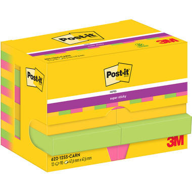 POST-IT Super Sticky Notes 47.6x47.6mm 622-12SS-CAR 3-farbig 12x90 Blatt