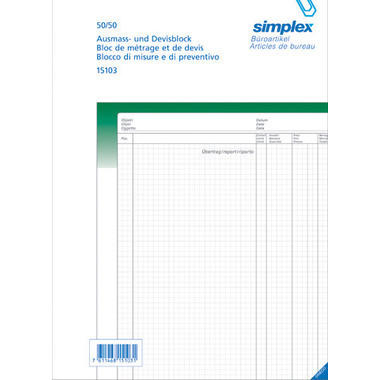 SIMPLEX Livre mesurage A4 15103 vert/blanc 50x2 feuilles