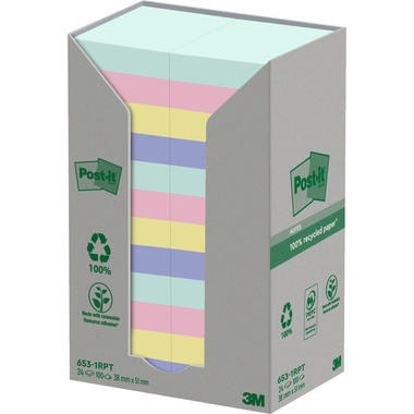 POST-IT Bloc-notes recycl. 51x38mm 653-1RPT 4-couleurs, 24x100 flls.