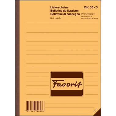 FAVORIT Lieferscheine D/F/I A5 8233OK rot/gelb/weiss 50x3 Blatt