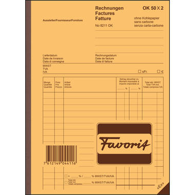 FAVORIT Rechnungen D/F/I A5 8211 OK blau/weiss 50x2 Blatt