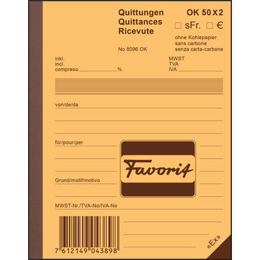 FAVORIT Quittungen D/F/I A6 8096OK blau/weiss 50x2 Blatt