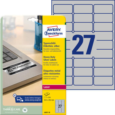 AVERY ZWECKFORM Etiquettes plaques 63,5x29,6mm L6011-8 argent 8 feuilles/216 pcs.