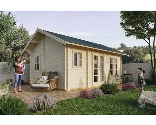 Blockbohlenhaus SKAN HOLZ Esbjerg 1 mit Fußboden und Stauboden 480x620 cm natur