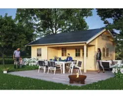 Blockbohlenhaus SKAN HOLZ Ontario Basishaus mit Fußboden 680x580 cm natur