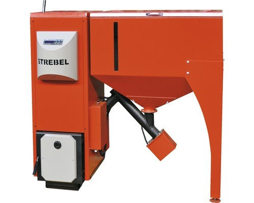 Pelletkessel Strebel Biotec 25 rot 25 kW mit Pelletsbehälter 400 Liter links