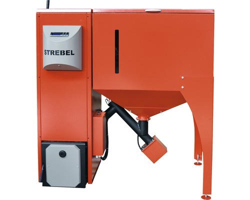 Pelletkessel Strebel Biotec 25S rot 25 kW mit Pelletsbehälter 500 Liter rechts