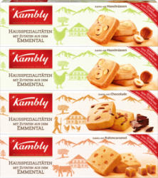 Kambly Emmentaler Hausspezialitäten , Sablés assortiert: 2 x Haselnüsse, 1 x Schokolade, 1 x Rahmcaramel, 4 x 90 g