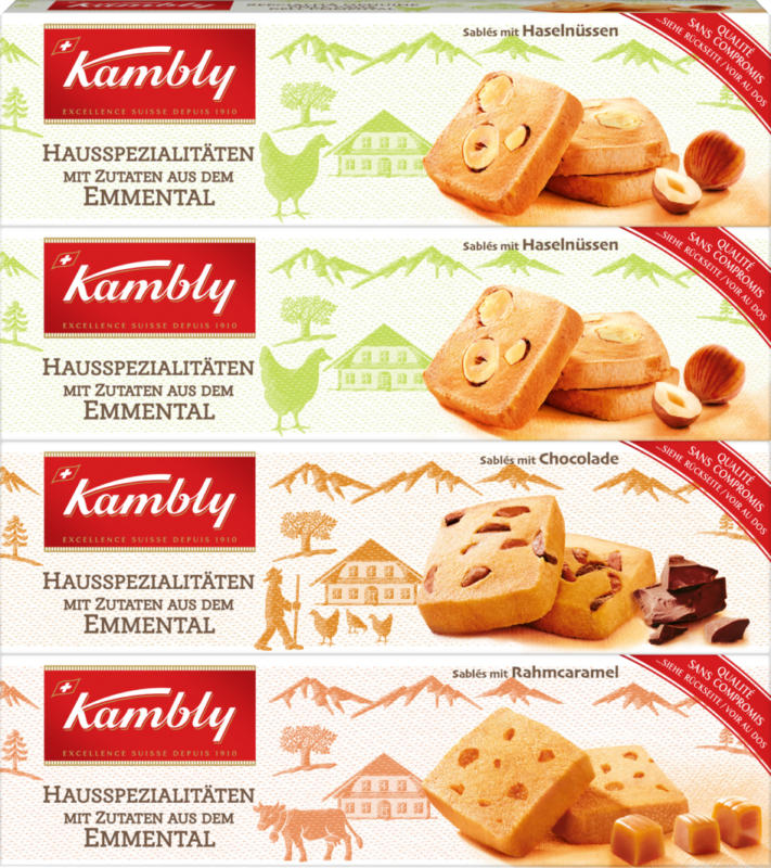 Spécialités traditionnelles de l'Emmental Kambly, Sablés assortis: 2 x noisettes, 1 x chocolat, 1 x caramel à la crème, 4 x 90 g