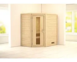 Blockbohlensauna Karibu Svea ohne Ofen und Dachkranz mit Holztür und Isolierglas wärmegedämmt