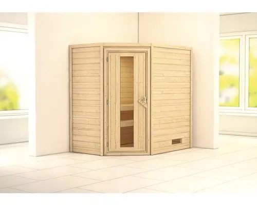 Blockbohlensauna Karibu Svea ohne Ofen und Dachkranz mit Holztür und Isolierglas wärmegedämmt