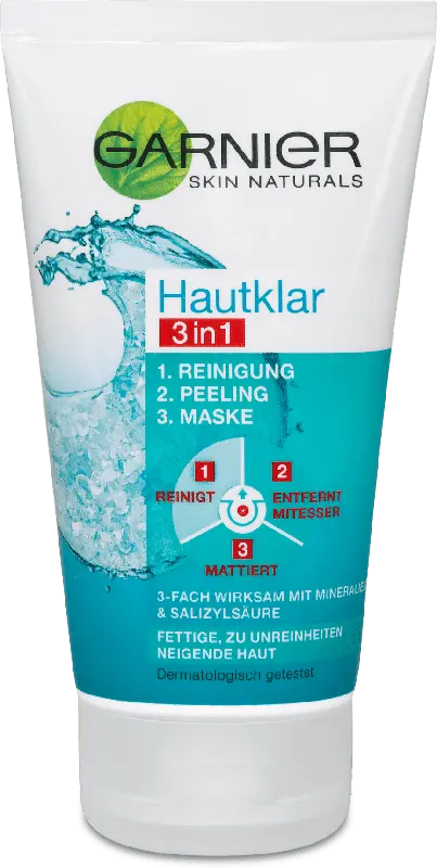 GARNIER Hautklar 3in1 1. Reinigung 2. Peeling 3. Maske