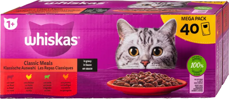Whiskas 1+ Jahre Katzenfutter Klassische Auswahl in Sauce Mega Pack