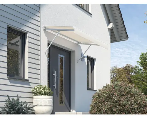 Vordach SCALA Gestell RAL 9010 reinweiß 400x105 cm Stoff Dessin 7133