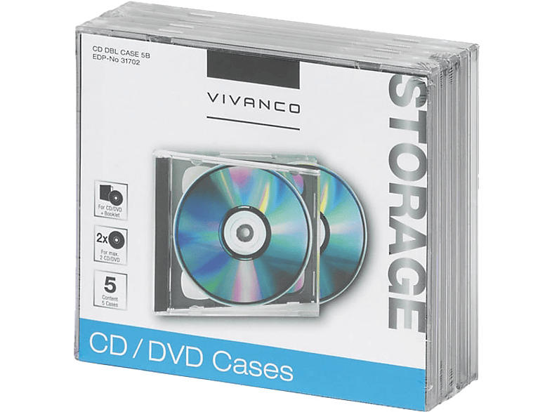 VIVANCO 31702 CD/DVD Doppel Jewel Case, 5er Pack, schwarz; Leerhülle