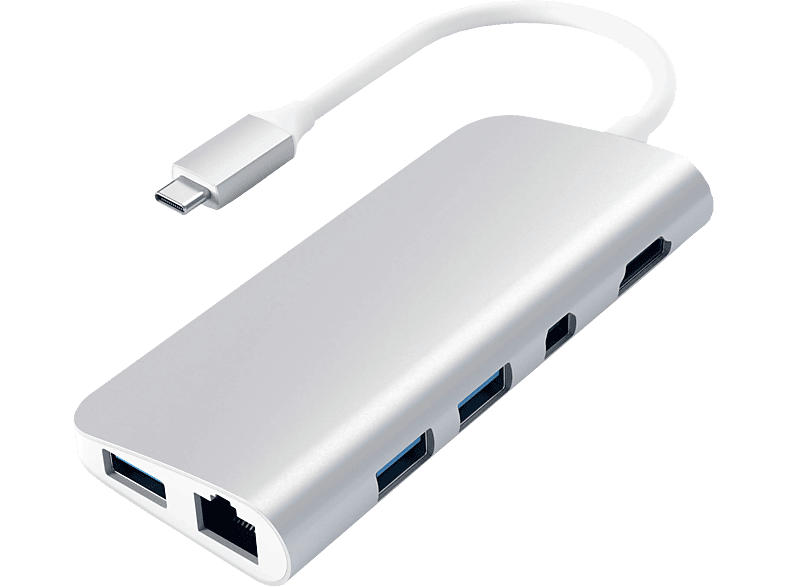 Satechi Multimedia Adapter USB-C Hub, 4K30Hz HDMI, PD 60W, USB 3.0, RJ45, SD/Micro-SD, Silber; USB Hub