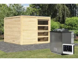Saunahaus Karibu Zirkon 1 inkl.9 kW Bio Ofen u.ext.Steuerung mit Vorraum und Holztüre mit Klarglas