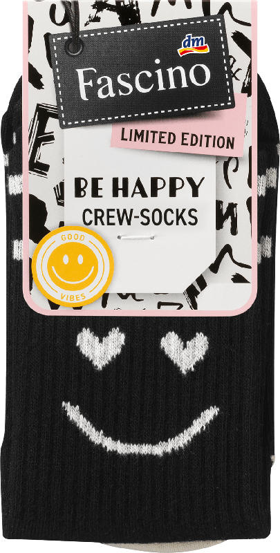 Fascino Crew Socken mit Smiley-Motiv schwarz Gr. 39-42