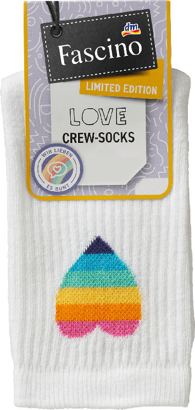 Fascino Crew Socken mit Regenbogen-Herz weiß Gr. 39-42