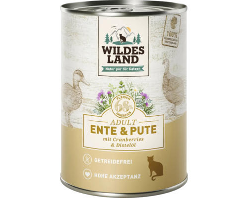 Katzenfutter nass WILDES LAND Ente und Pute mit Cranberries mit wertvollen Superfoods, getreidefrei, Glutenfrei 400 g