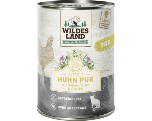 Katzenfutter nass WILDES LAND Huhn PUR mit Distelöl mit wertvollen Superfoods, getreidefrei, Glutenfrei 400 g