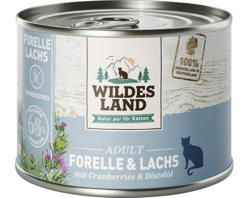 Katzenfutter nass WILDES LAND Forelle und Lachs mit Cranberries mit wertvollen Superfoods, getreidefrei, Glutenfrei 185 g