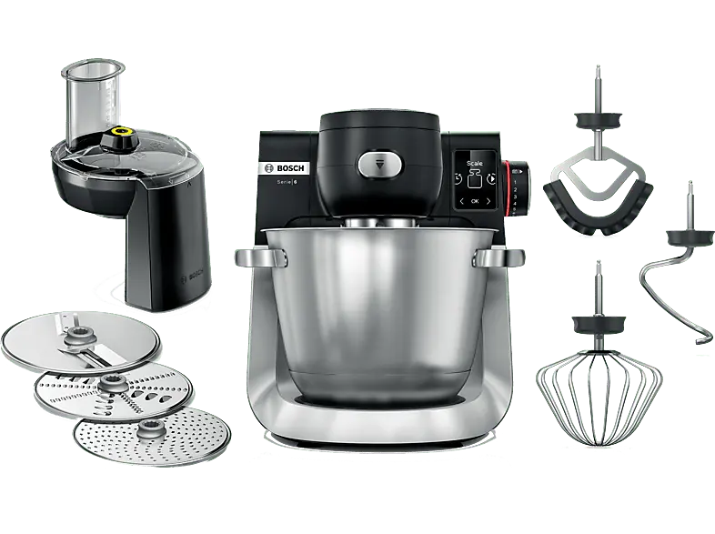 Bosch MUMS6ZS13D Serie 6, Küchenmaschine mit Waage Schwarz/ Edelstahl gebürstet (Rührschüsselkapazität: 5,5 l, 1600 Watt)