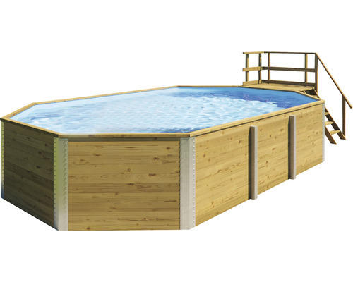 Aufstellpool Holzpool-Set Weka 594 rechteckig 714x376x116 cm inkl. Sandfilteranlage, Einbauskimmer, Filtersand, Bodenschutzvlies & Technikraum inkl. Holztreppe mit Handlauf