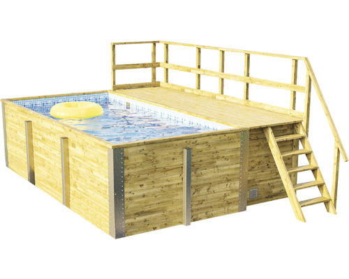 Aufstellpool Holzpool-Set Weka 595 rechteckig 490x315x201 cm inkl. Bodenschutzvlies, Filteranlage, Filtersand, Innenauskleidung blau/weiß