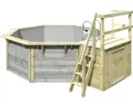 Hornbach Aufstellpool Holzpool-Set Karibu X1 achteckig Ø 357,5x121 cm inkl. Innenauskleidung grau & Leiter mit Plattform grau