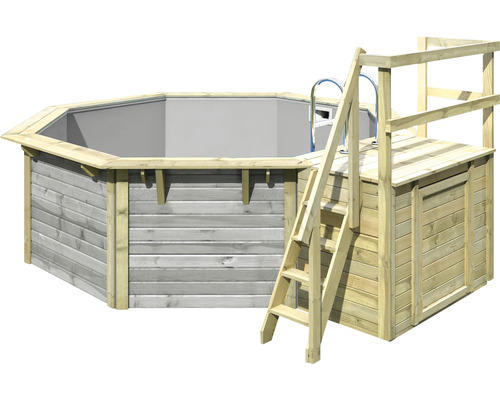 Aufstellpool Holzpool-Set Karibu X1 achteckig Ø 357,5x121 cm inkl. Innenauskleidung grau & Leiter mit Plattform grau