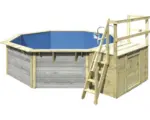 Hornbach Aufstellpool Holzpool-Set Karibu X2 achteckig Ø 427,5x121 cm inkl. Innenauskleidung blau & Leiter mit Plattform grau