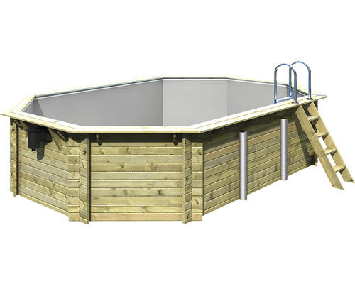 Aufstellpool Holzpool-Set Karibu Variante A achteckig 358x569x124 cm inkl. Innenauskleidung grau & Leiter